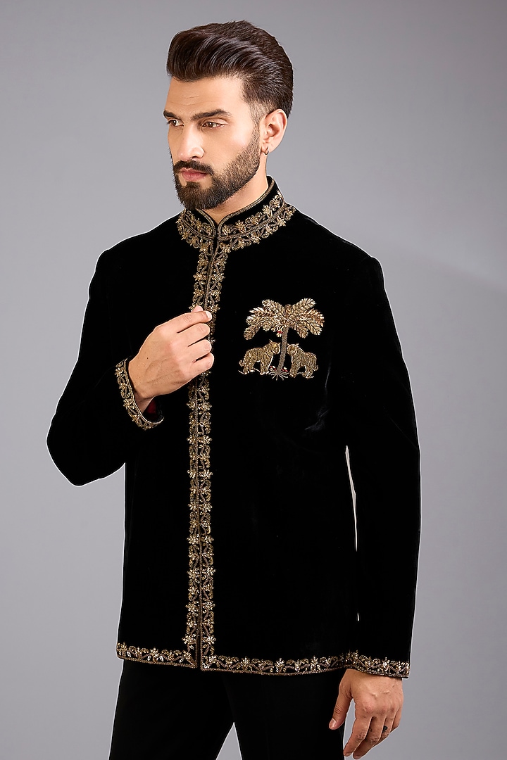 Black Silk Velvet Groom Bandhgala by Rohit Bal Men at Pernia's Pop Up Shop
