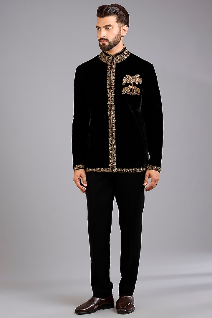 Black Silk Velvet Groom Bandhgala by Rohit Bal Men at Pernia's Pop Up Shop