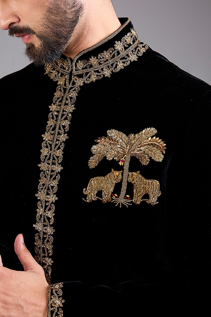 Black Silk Velvet Groom Bandhgala by Rohit Bal Men at Pernia's Pop Up Shop