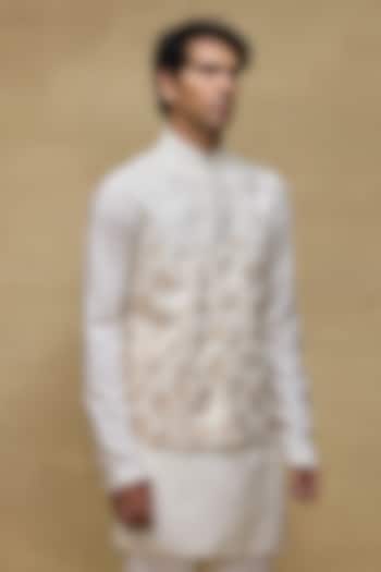 Ivory Matka Silk Bundi Jacket by Rohit Bal Men at Pernia's Pop Up Shop