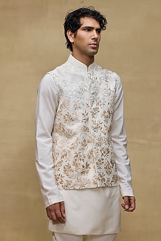 Ivory Matka Silk Bundi Jacket by Rohit Bal Men