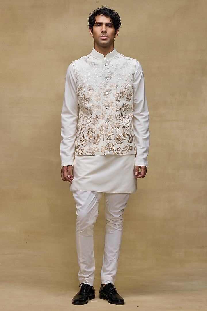 Ivory Matka Silk Bundi Jacket by Rohit Bal Men at Pernia's Pop Up Shop