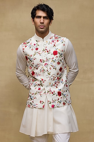 Ivory Matka Silk Bundi Jacket by Rohit Bal Men