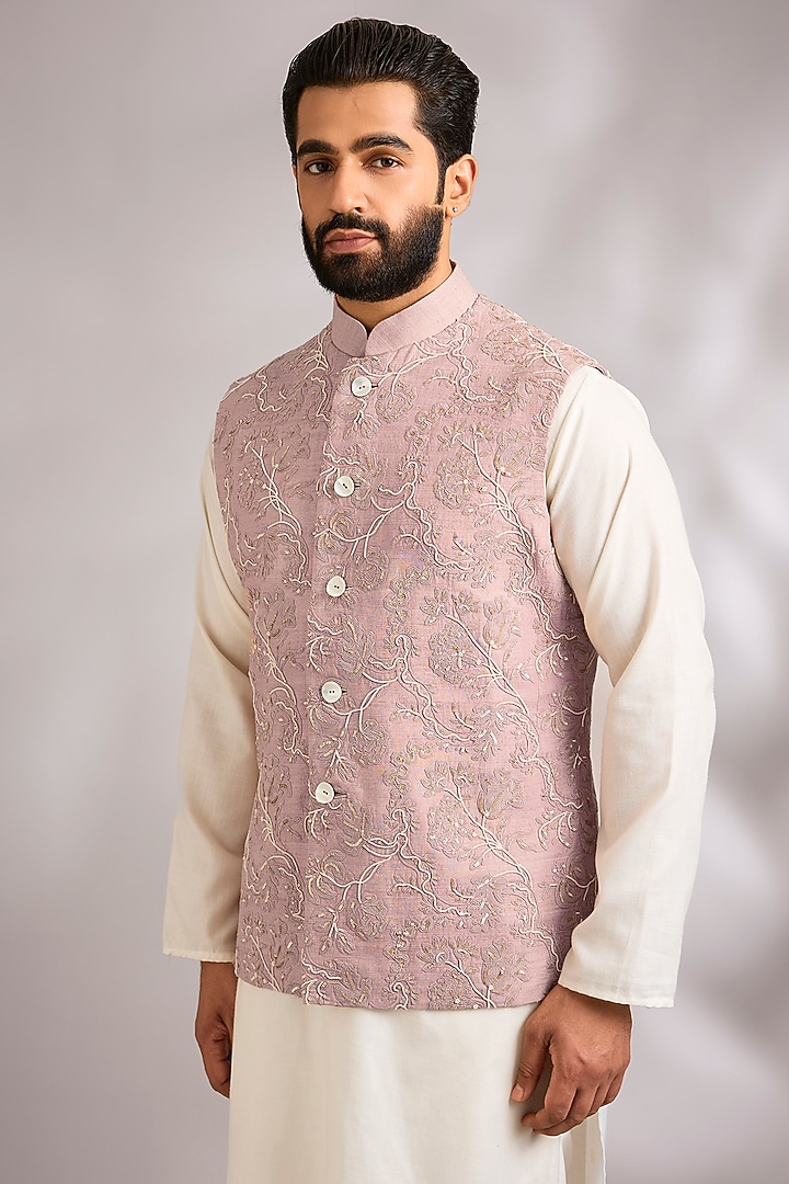 Dusty Pink Matka Silk Bundi Jacket by Rohit Bal Men at Pernia's Pop Up Shop
