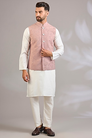 Dusty Pink Matka Silk Bundi Jacket by Rohit Bal Men