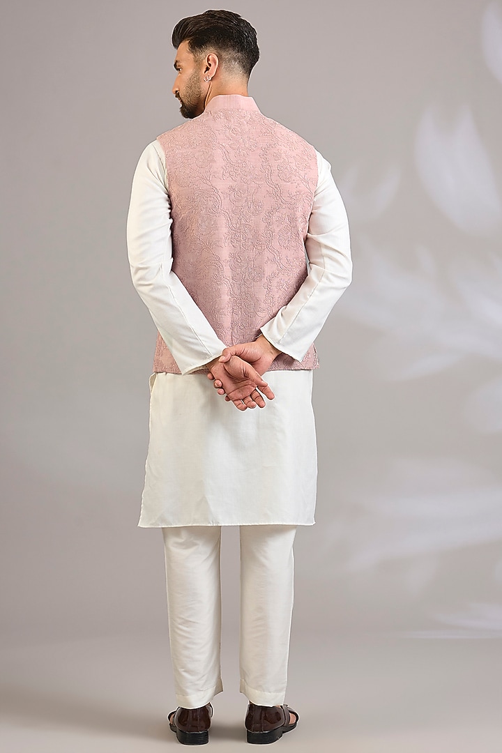 Dusty Pink Matka Silk Bundi Jacket by Rohit Bal Men at Pernia's Pop Up Shop