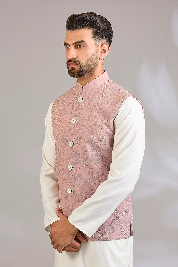 Dusty Pink Matka Silk Bundi Jacket by Rohit Bal Men at Pernia's Pop Up Shop