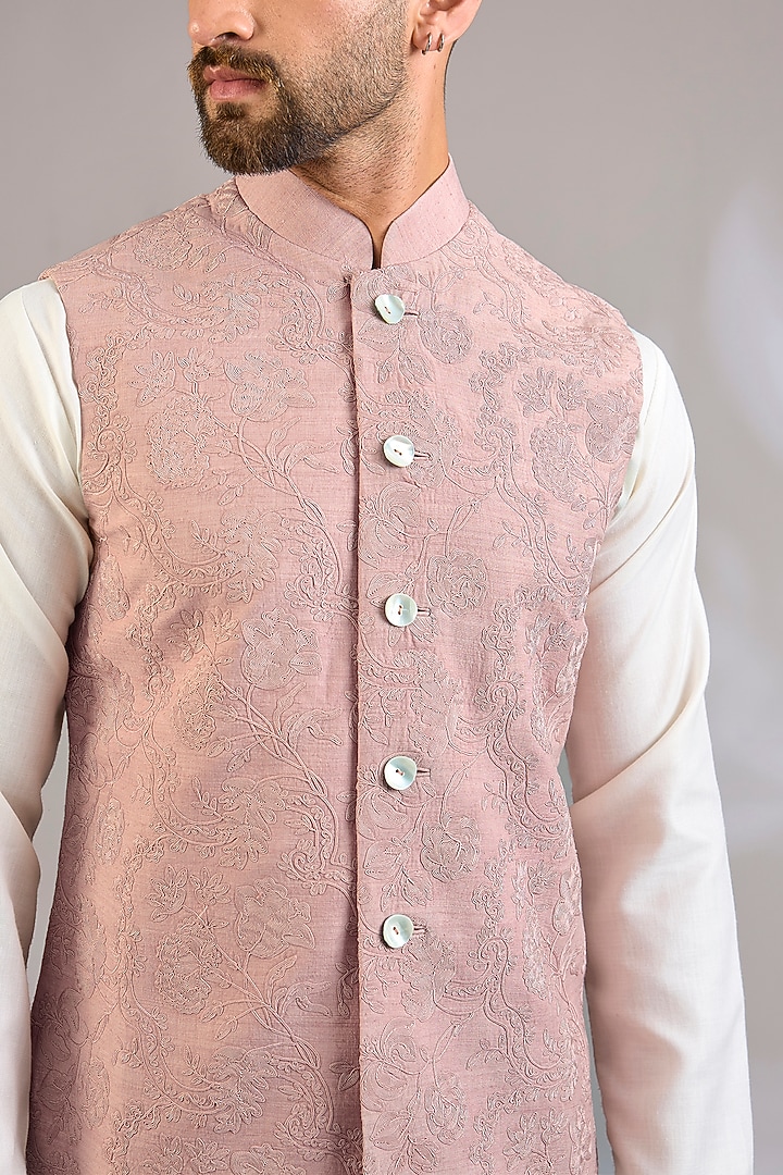 Dusty Pink Matka Silk Bundi Jacket by Rohit Bal Men at Pernia's Pop Up Shop