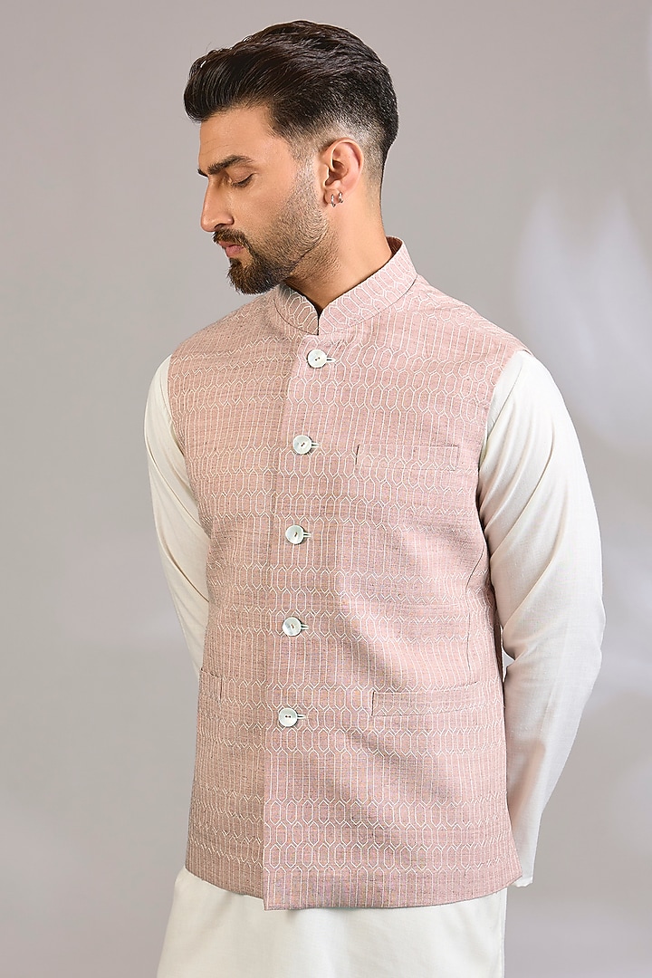 Dusty Pink Matka Silk Bundi Jacket by Rohit Bal Men at Pernia's Pop Up Shop