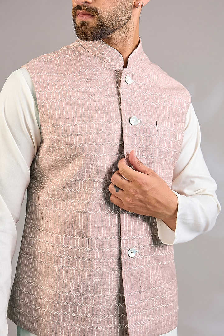 Dusty Pink Matka Silk Bundi Jacket by Rohit Bal Men at Pernia's Pop Up Shop