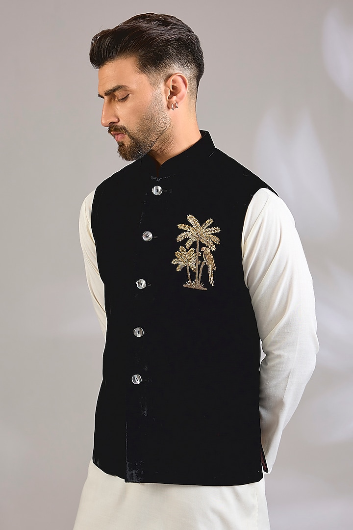 Black Velvet Bundi Jacket by Rohit Bal Men at Pernia's Pop Up Shop