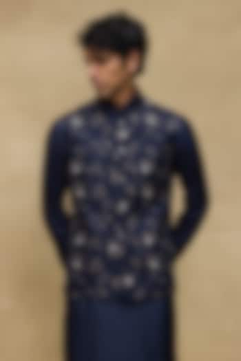 Indigo Matka Silk Bundi Jacket by Rohit Bal Men at Pernia's Pop Up Shop