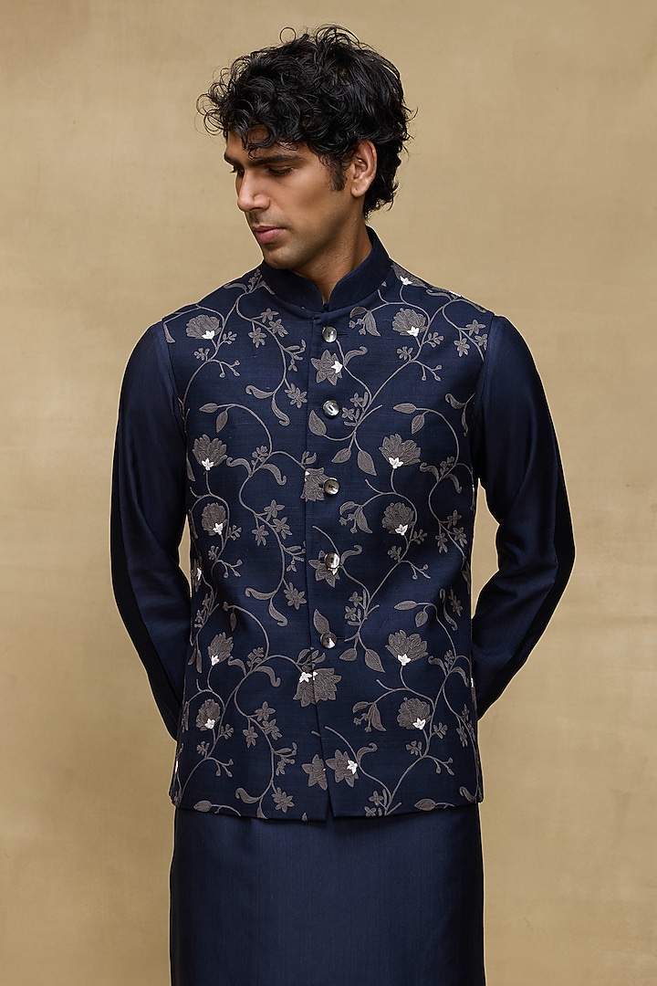 Indigo Matka Silk Bundi Jacket by Rohit Bal Men at Pernia's Pop Up Shop