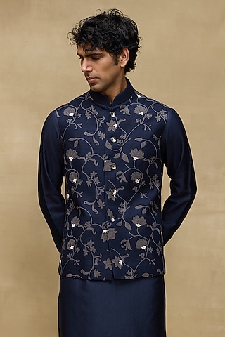 Indigo Matka Silk Bundi Jacket by Rohit Bal Men