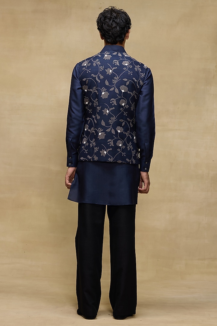 Indigo Matka Silk Bundi Jacket by Rohit Bal Men at Pernia's Pop Up Shop