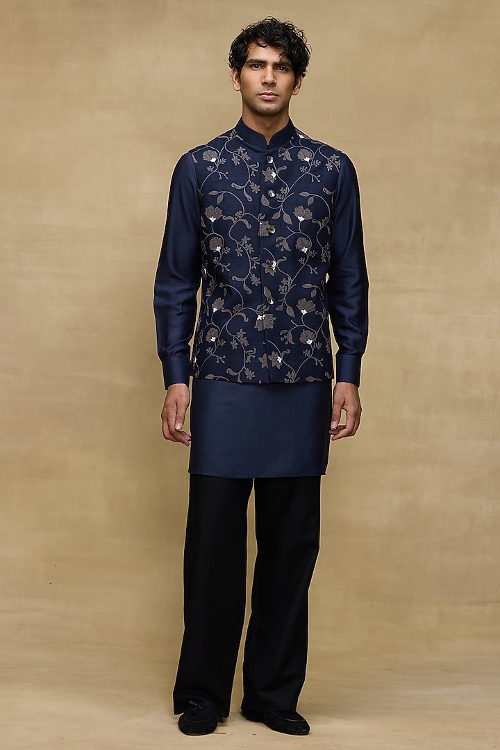 Indigo Matka Silk Bundi Jacket by Rohit Bal Men at Pernia's Pop Up Shop