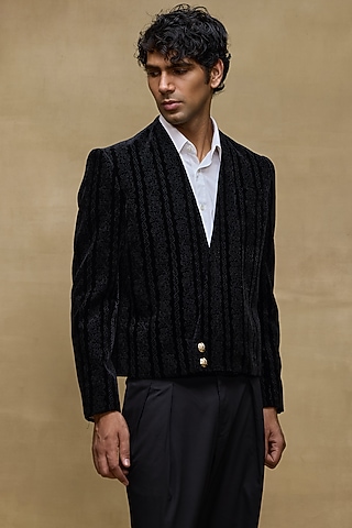 Black Silk Velvet Jacket Set by Rohit Bal Men