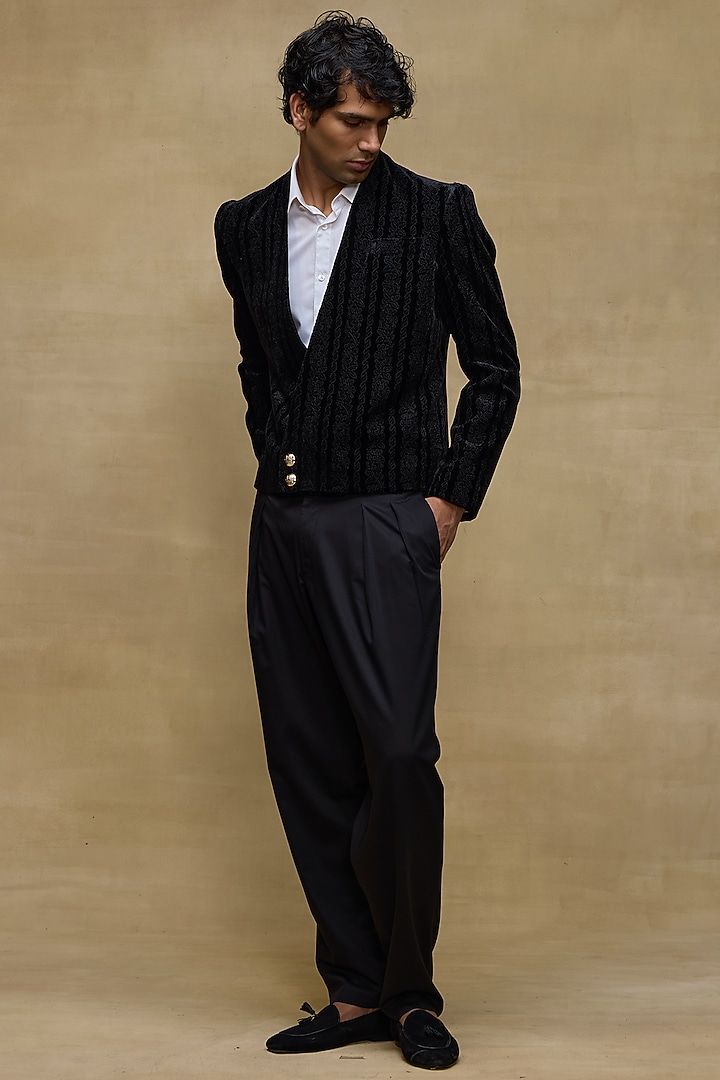 Black Silk Velvet Jacket Set by Rohit Bal Men at Pernia's Pop Up Shop