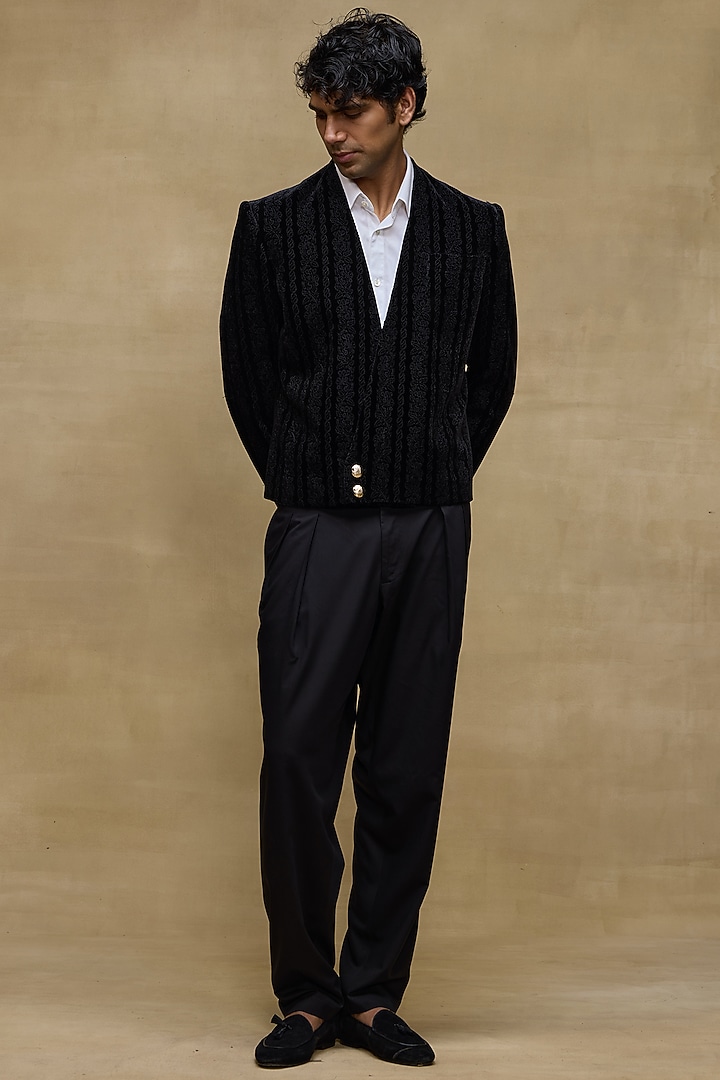 Black Silk Velvet Jacket Set by Rohit Bal Men at Pernia's Pop Up Shop
