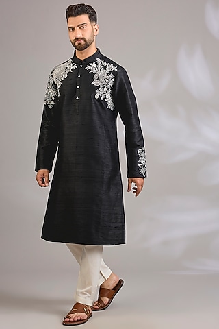 Black Raw Silk Kurta Set by Rohit Bal Men