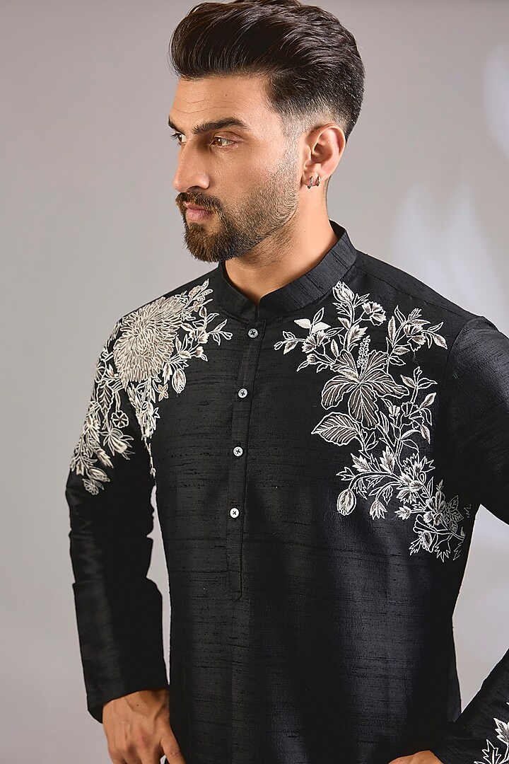 Black Raw Silk Kurta Set by Rohit Bal Men at Pernia's Pop Up Shop