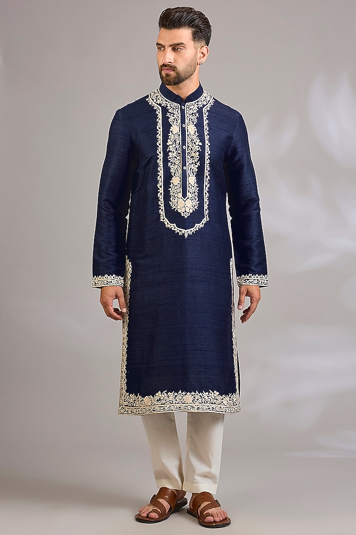 Indigo Raw Silk Kurta Set by Rohit Bal Men at Pernia's Pop Up Shop