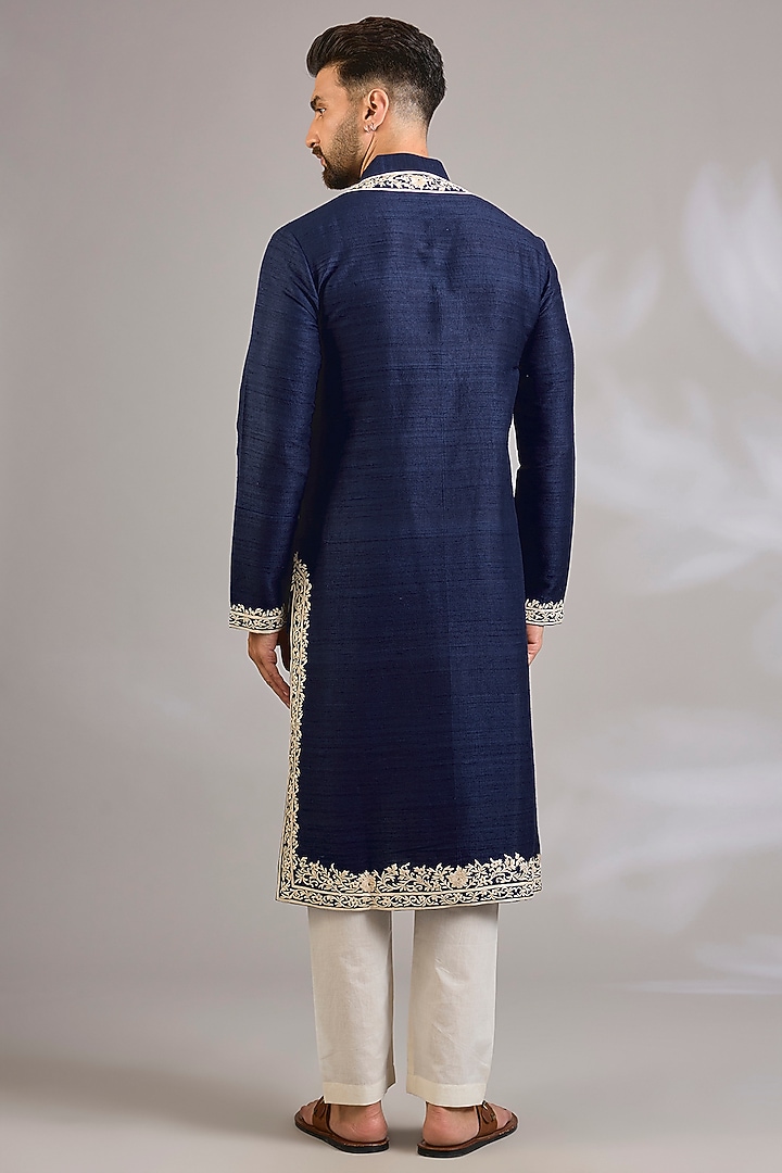 Indigo Raw Silk Kurta Set by Rohit Bal Men at Pernia's Pop Up Shop