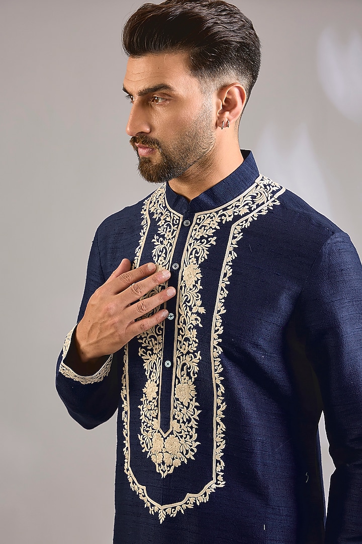 Indigo Raw Silk Kurta Set by Rohit Bal Men at Pernia's Pop Up Shop