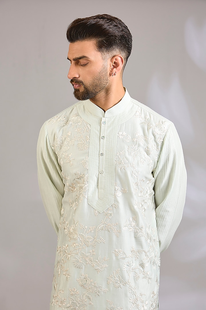 Sage Green Chanderi Kurta Set by Rohit Bal Men at Pernia's Pop Up Shop