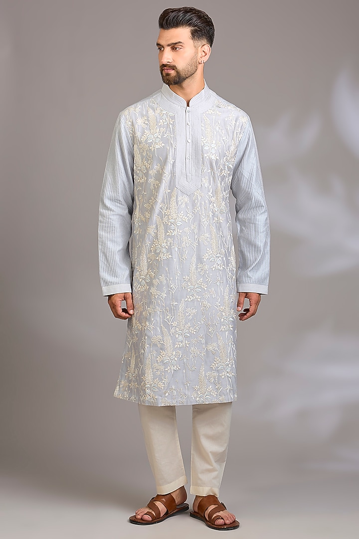 Powder Blue Chanderi Kurta Set by Rohit Bal Men at Pernia's Pop Up Shop