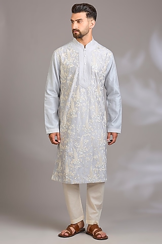 Powder Blue Chanderi Kurta Set by Rohit Bal Men