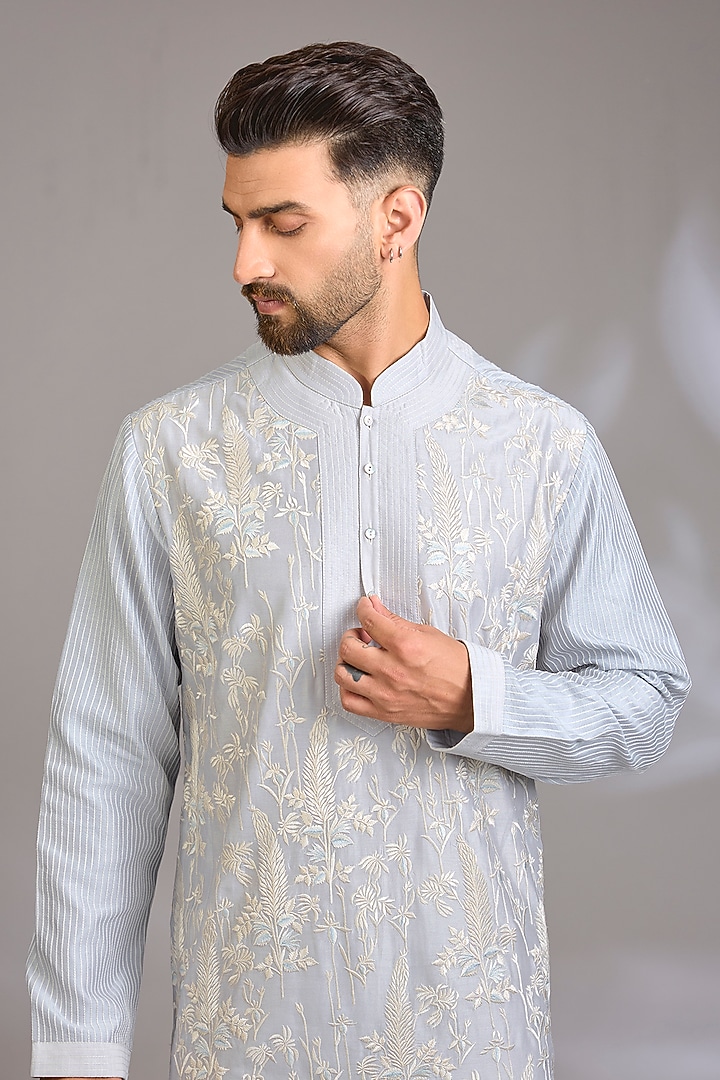 Powder Blue Chanderi Kurta Set by Rohit Bal Men at Pernia's Pop Up Shop