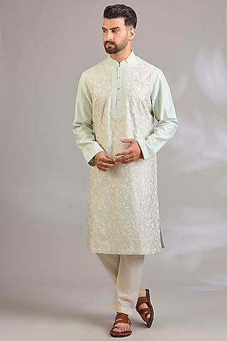 Sage Green Chanderi Kurta Set by Rohit Bal Men