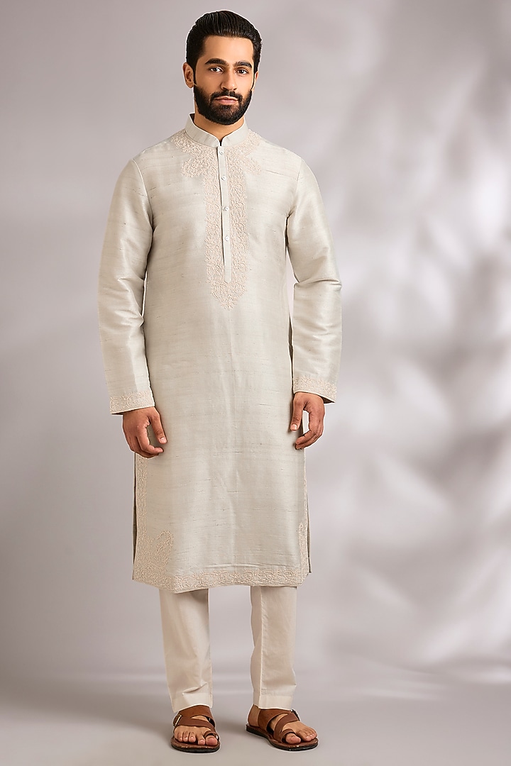 Teal Grey Raw Silk Kurta Set by Rohit Bal Men at Pernia's Pop Up Shop