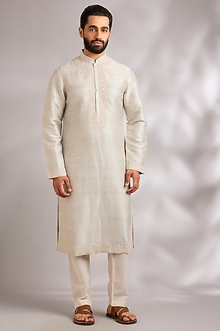 Teal Grey Raw Silk Kurta Set by Rohit Bal Men