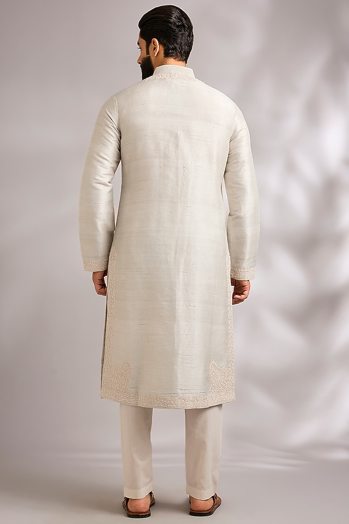 Teal Grey Raw Silk Kurta Set by Rohit Bal Men at Pernia's Pop Up Shop