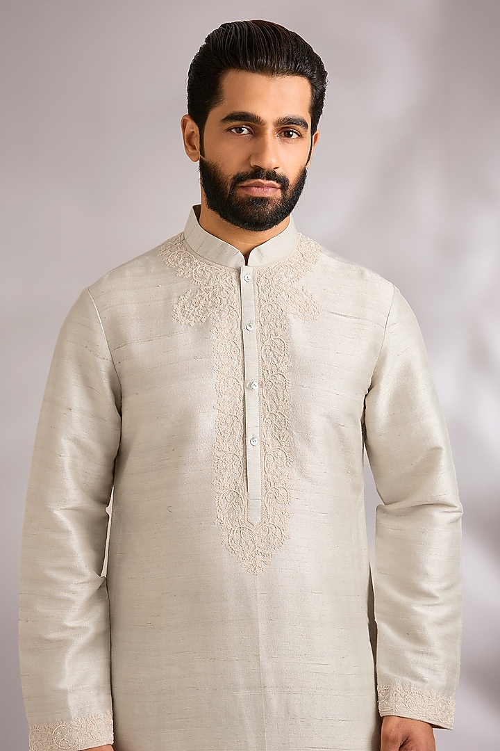 Teal Grey Raw Silk Kurta Set by Rohit Bal Men at Pernia's Pop Up Shop