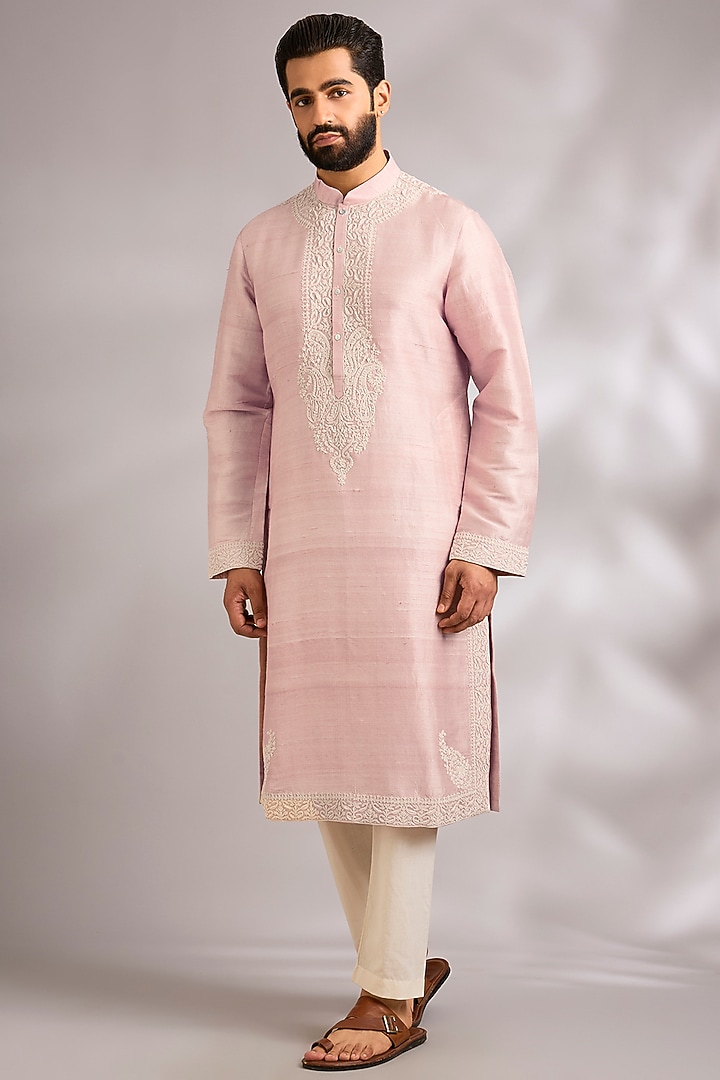 Powder Pink Dupion Silk Kurta Set by Rohit Bal Men at Pernia's Pop Up Shop