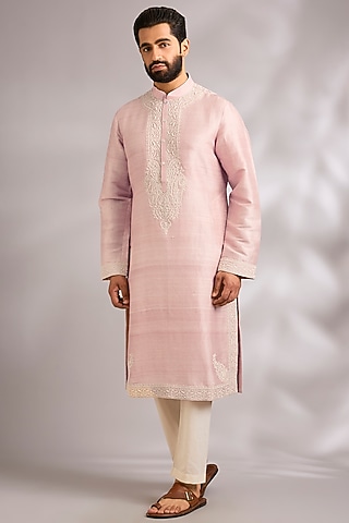 Powder Pink Dupion Silk Kurta Set by Rohit Bal Men