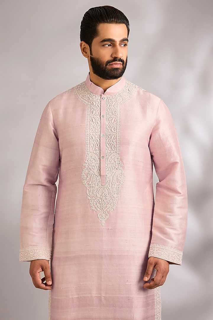 Powder Pink Dupion Silk Kurta Set by Rohit Bal Men at Pernia's Pop Up Shop