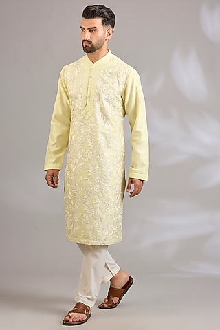 Lemon Yellow Chanderi Kurta Set by Rohit Bal Men