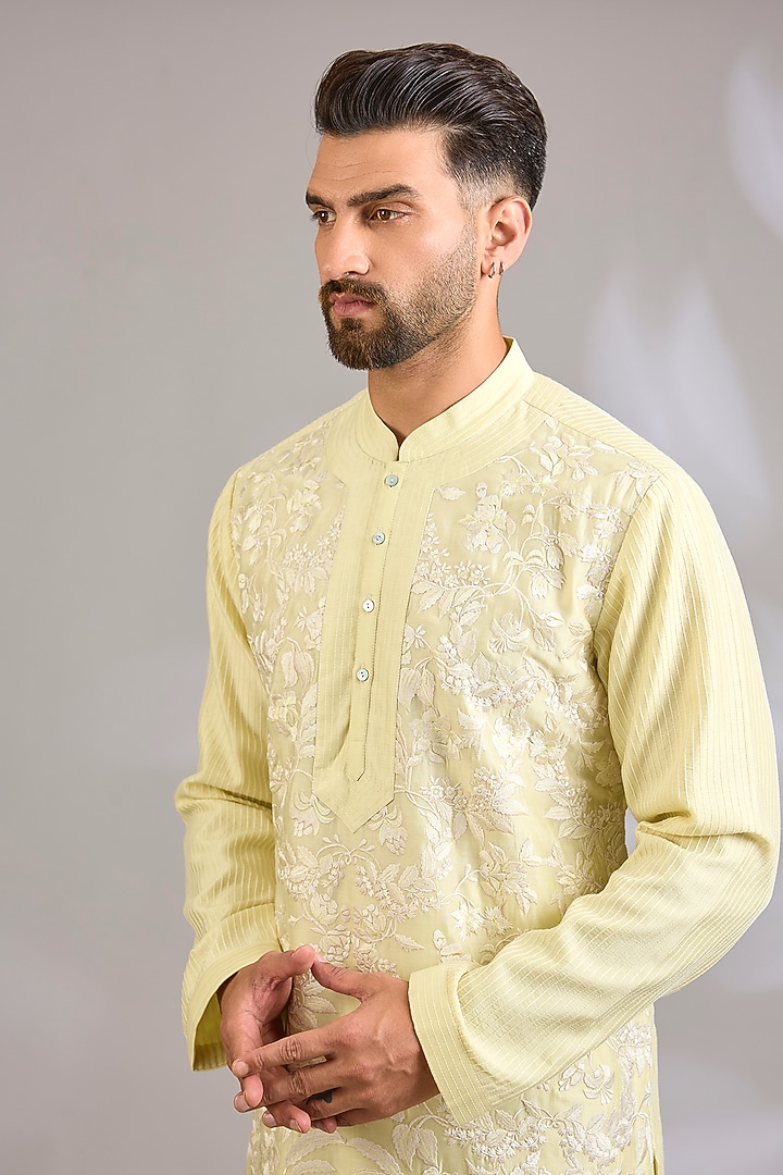 Lemon Yellow Chanderi Kurta Set by Rohit Bal Men at Pernia's Pop Up Shop