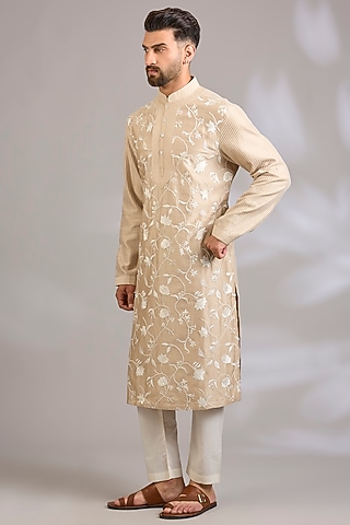 Beige Chanderi Kurta Set by Rohit Bal Men
