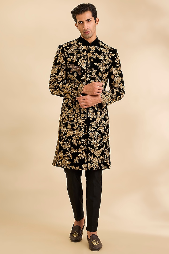 Black Velvet Groom Sherwani by Rohit Bal Men at Pernia's Pop Up Shop