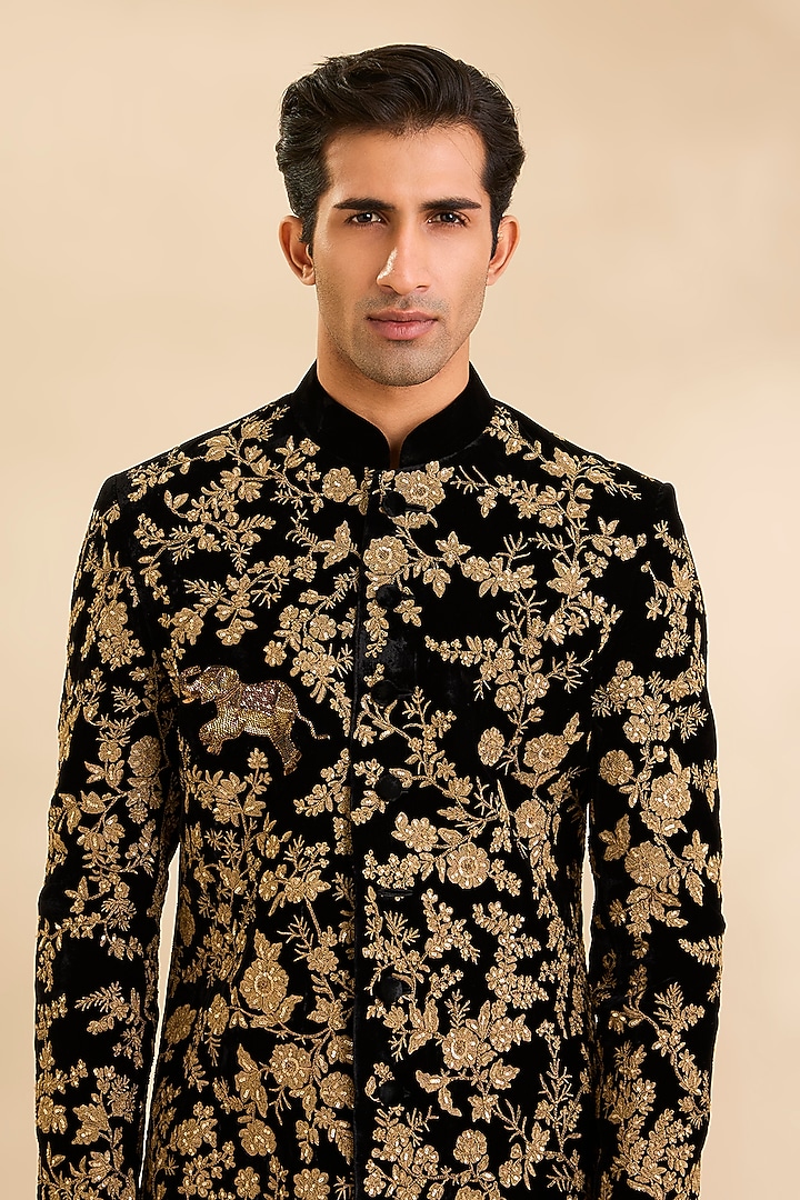 Black Velvet Groom Sherwani by Rohit Bal Men at Pernia's Pop Up Shop