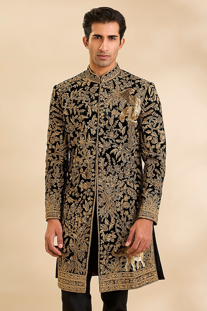 Black Velvet Groom Sherwani by Rohit Bal Men at Pernia's Pop Up Shop