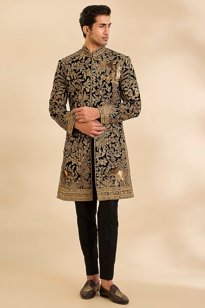 Black Velvet Groom Sherwani by Rohit Bal Men at Pernia's Pop Up Shop