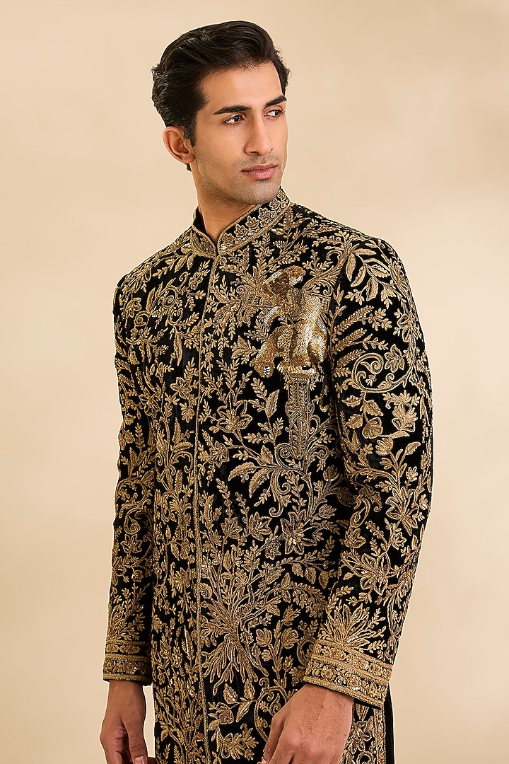 Black Velvet Groom Sherwani by Rohit Bal Men at Pernia's Pop Up Shop