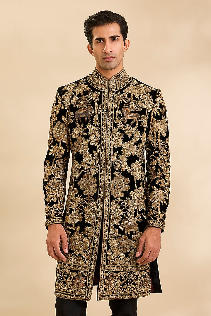 Black Velvet Groom Sherwani by Rohit Bal Men at Pernia's Pop Up Shop