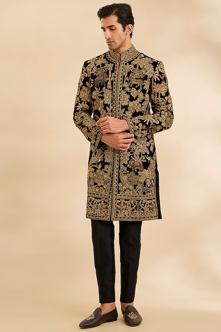 Black Velvet Groom Sherwani by Rohit Bal Men at Pernia's Pop Up Shop